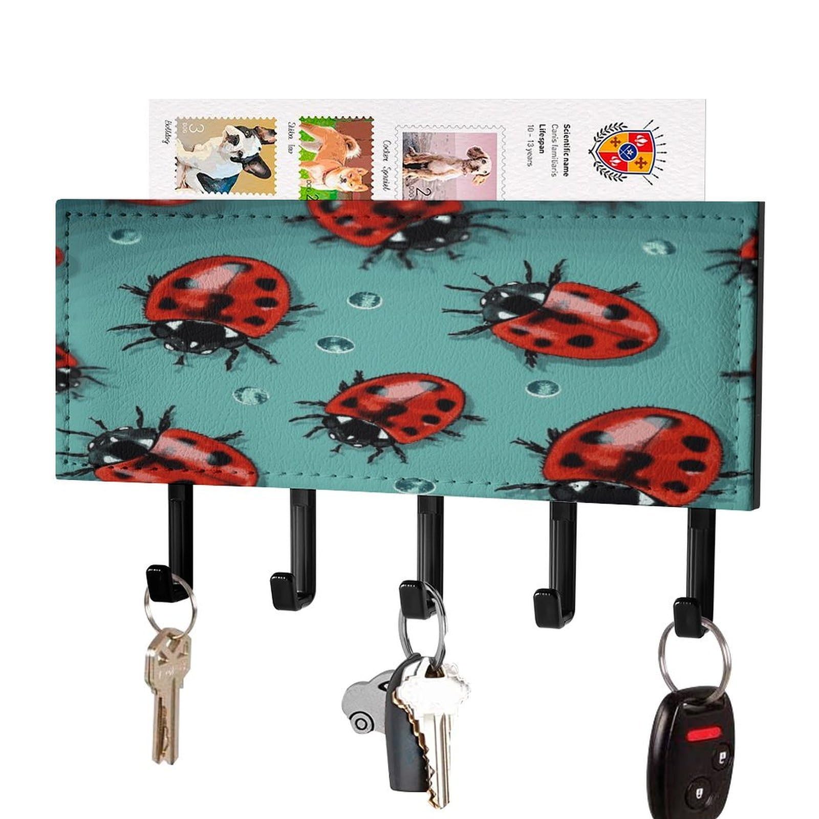 FekiLoot Red Ladybugs On A Blue Background Key Holder for Wall Decorative Mail Organizer with 5 Key Hook Self Adhesive Key Rack with Tray Coat Rack Wall Mount Key Hanger Decor for Entryway Door