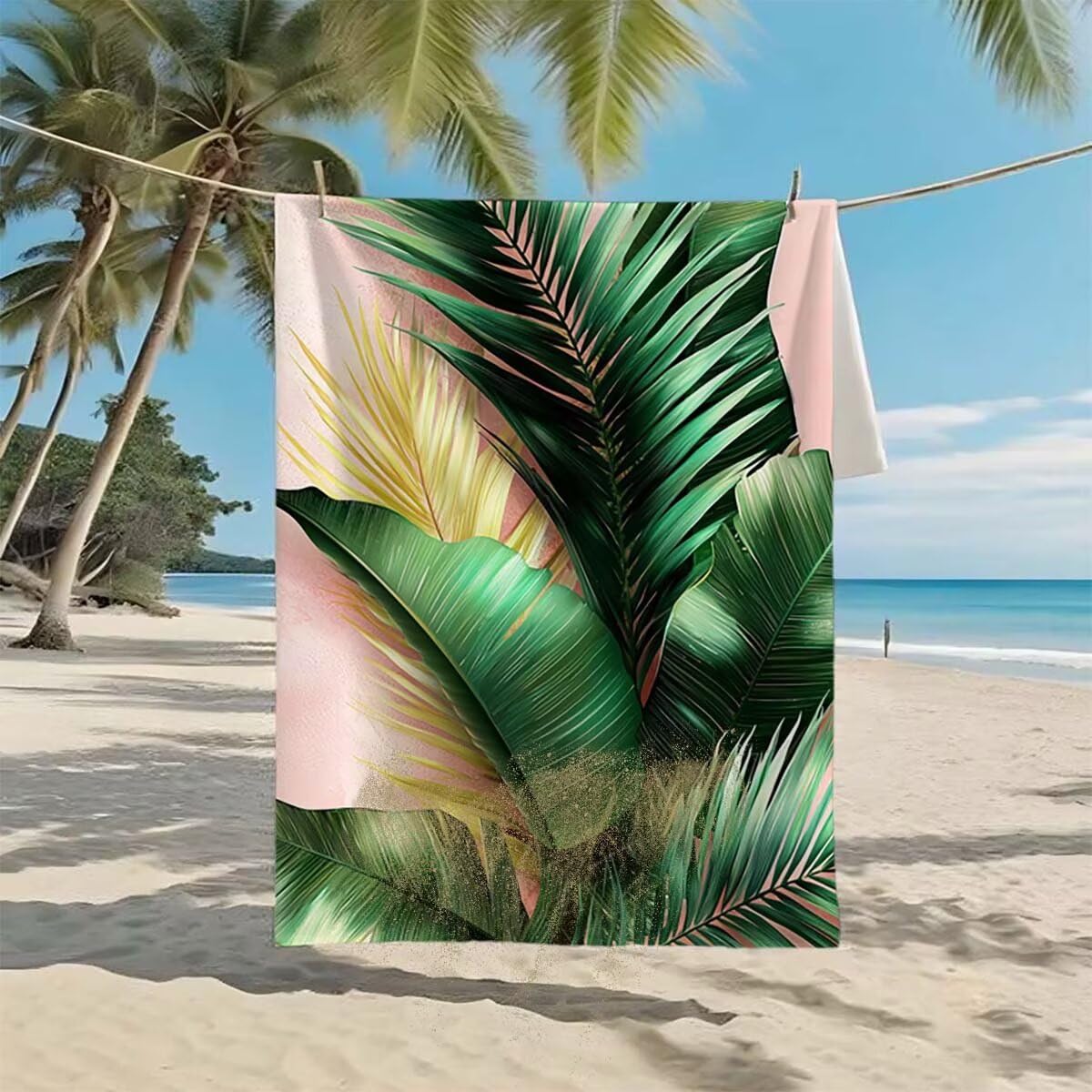 Telo Mare XXL 220x100cm/35x70cm, 2 Set Telo Mare Microfibra Foglie Asciugamano Palestra Uomo, Antisabbia, Leggero, Asciugatura Rapida, Teli da Spiaggia Grandi Accessori per Camping Natation Yoga F-64