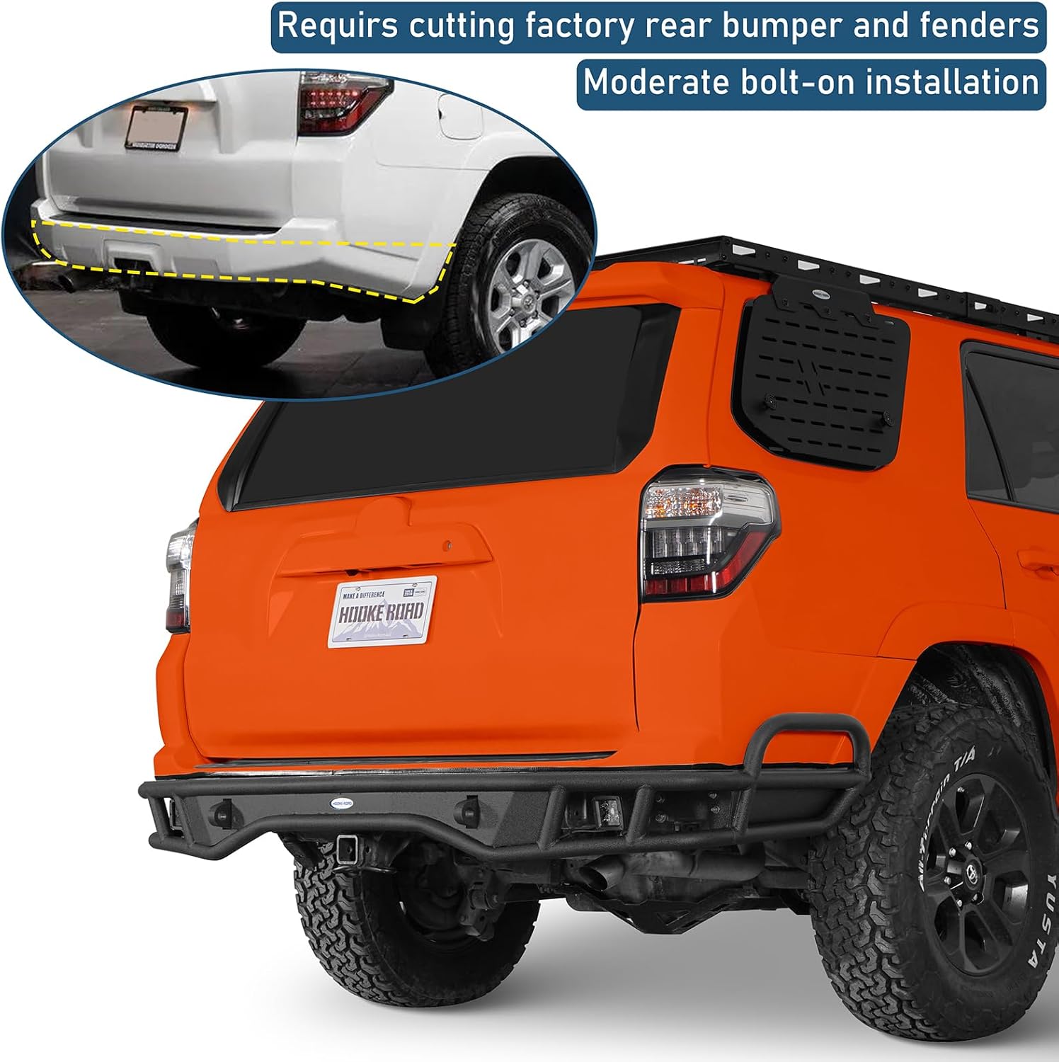 Hooke Road 4Runner Tubular Rear Bumper for 2010-2024 Toyota 4Runner 5th Gen, Offroad Steel Back Bumper with LED Lights and D-ring Mounts