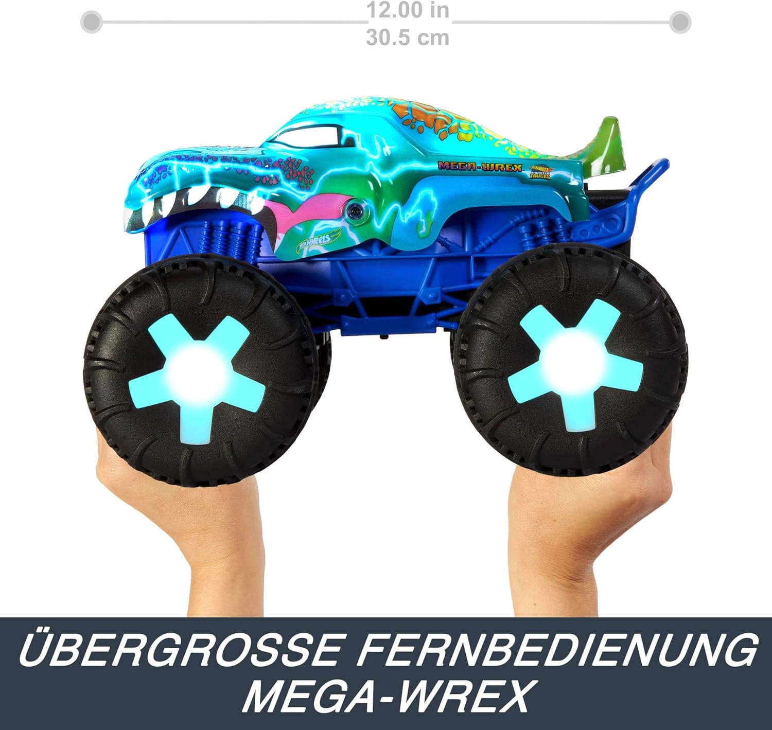 Side view of Hot Wheels Mega-Wrex Alive RC with dimensions indicated