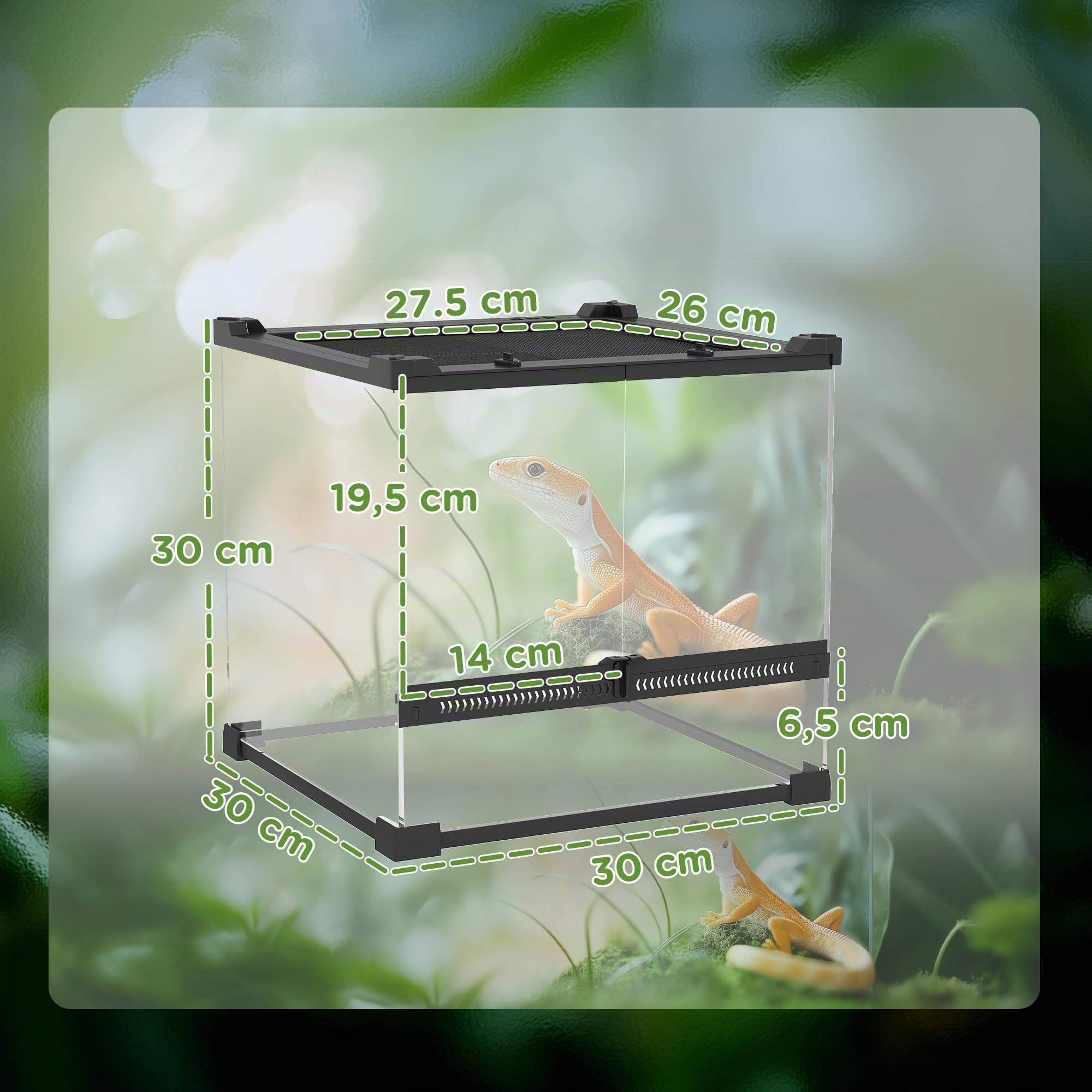 PawHut Terrario para reptiles, terrario de cristal, 24 l, caja de alimentación con ventilación frontal, cierre de rosca irrompible para anfibios, araña, color negro, 30 x 30 x 30 cm