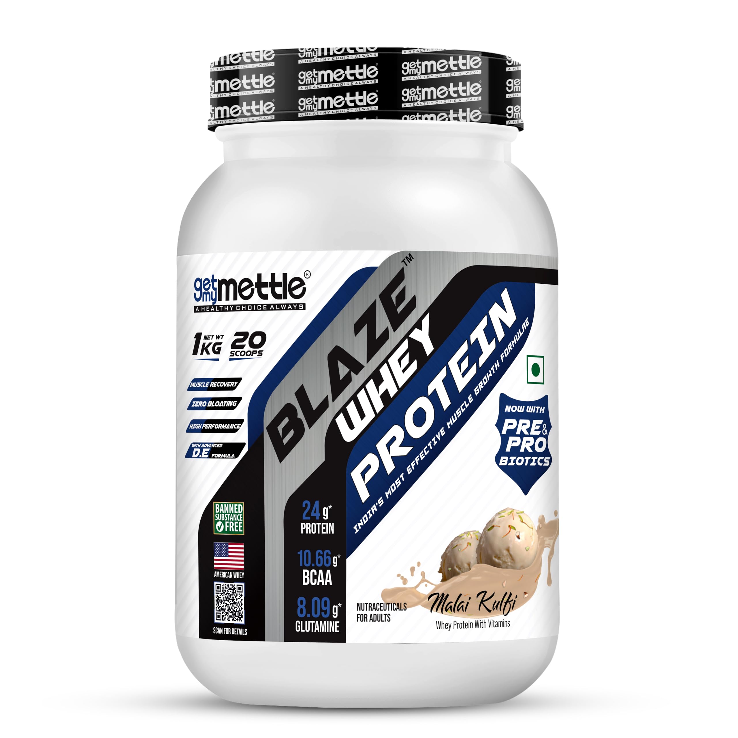 Getmymettle Blaze Whey Protein 1kg Malai Kulfi : Build Muscle & Recover Faster with 24g Protein, 10.66g BCAA & 8.09g Glutamine, Proteolytic Enzymes
