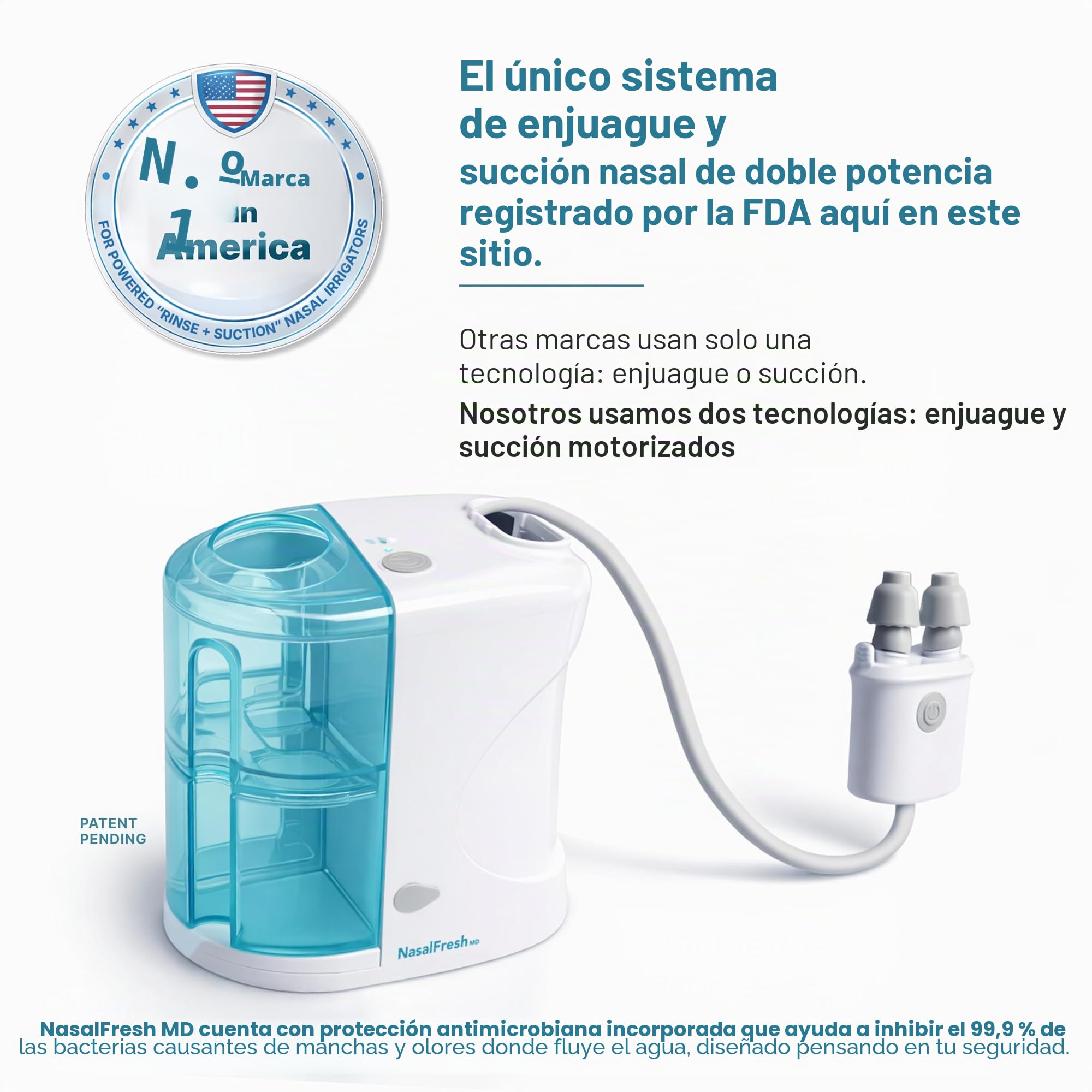 NASALFRESH MD Paquete Premium – Sistema de irrigación nasal con doble alimentación – Sistema de alivio descongestionante sinusal – 60 sobres de solución salina, estuche, 2 juegos de almohadillas