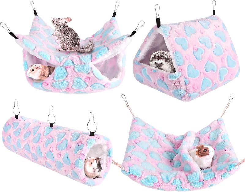 Rede e Acessórios para Pequenos Animais MCEAST com Hamaca, Ninho, Túnel e Saco de Dormir, 4 Peças, Pink Hearts