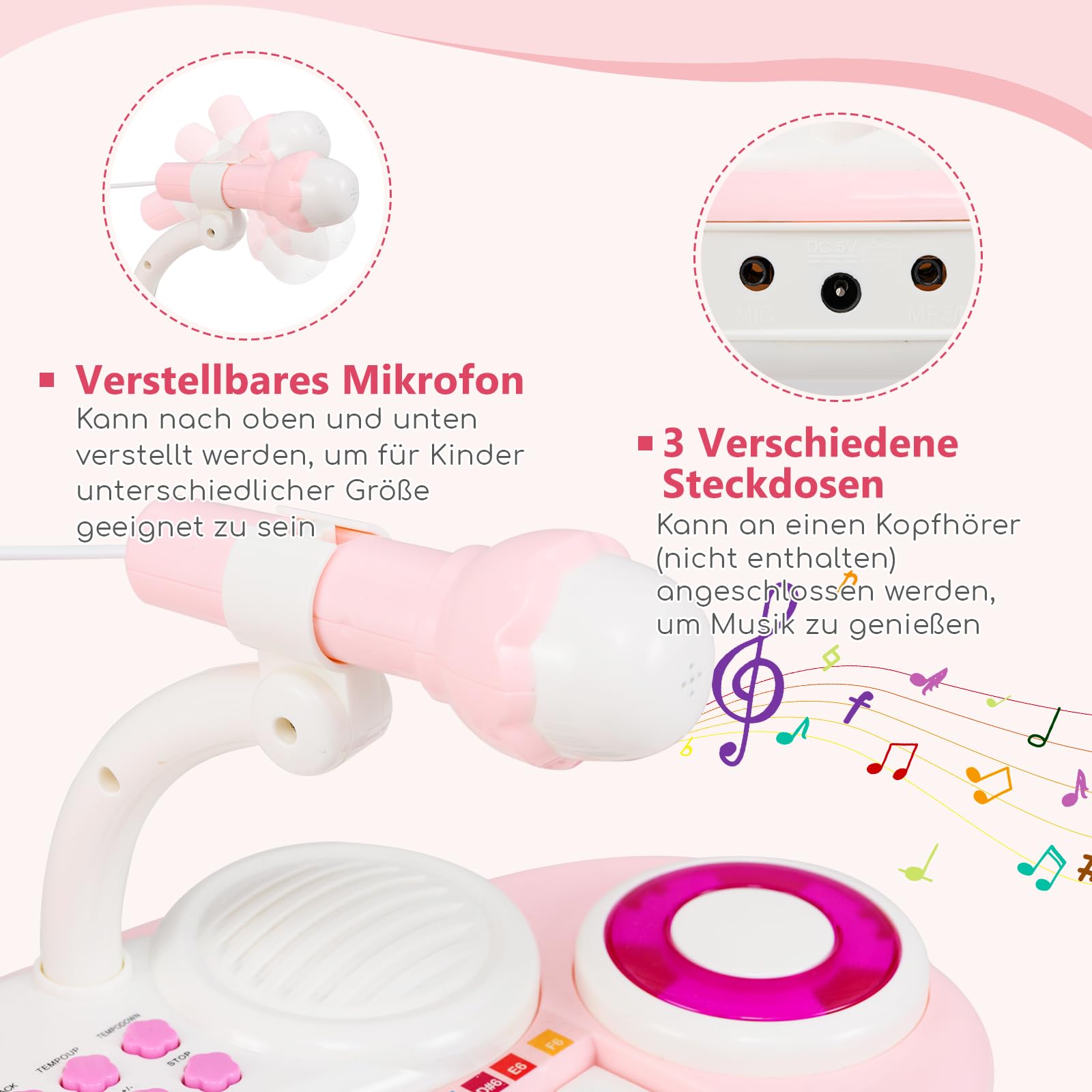 GOPLUS Klawiatura zabawkowa z 37 przyciskami, klawiatura fortepianowa z mikrofonem, lampkami i taboretem, klawiatura z 8 rytmami i 8 dźwiękami instrumentów, dla dzieci od 18 miesięcy (różowa)