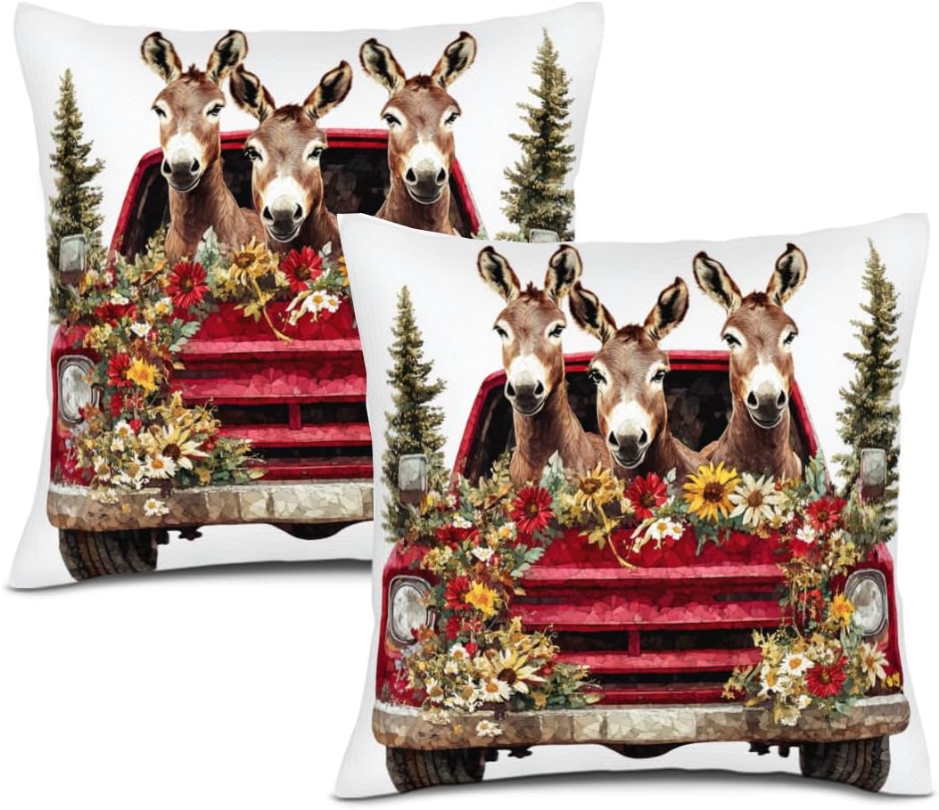 Christmas Red Truck Donkey Throw Pillow Covers 28x28 Set of 2 Linen Pillow Covers Square Cushion Cases for Sofa Couch Farmhouse Home Outdoor