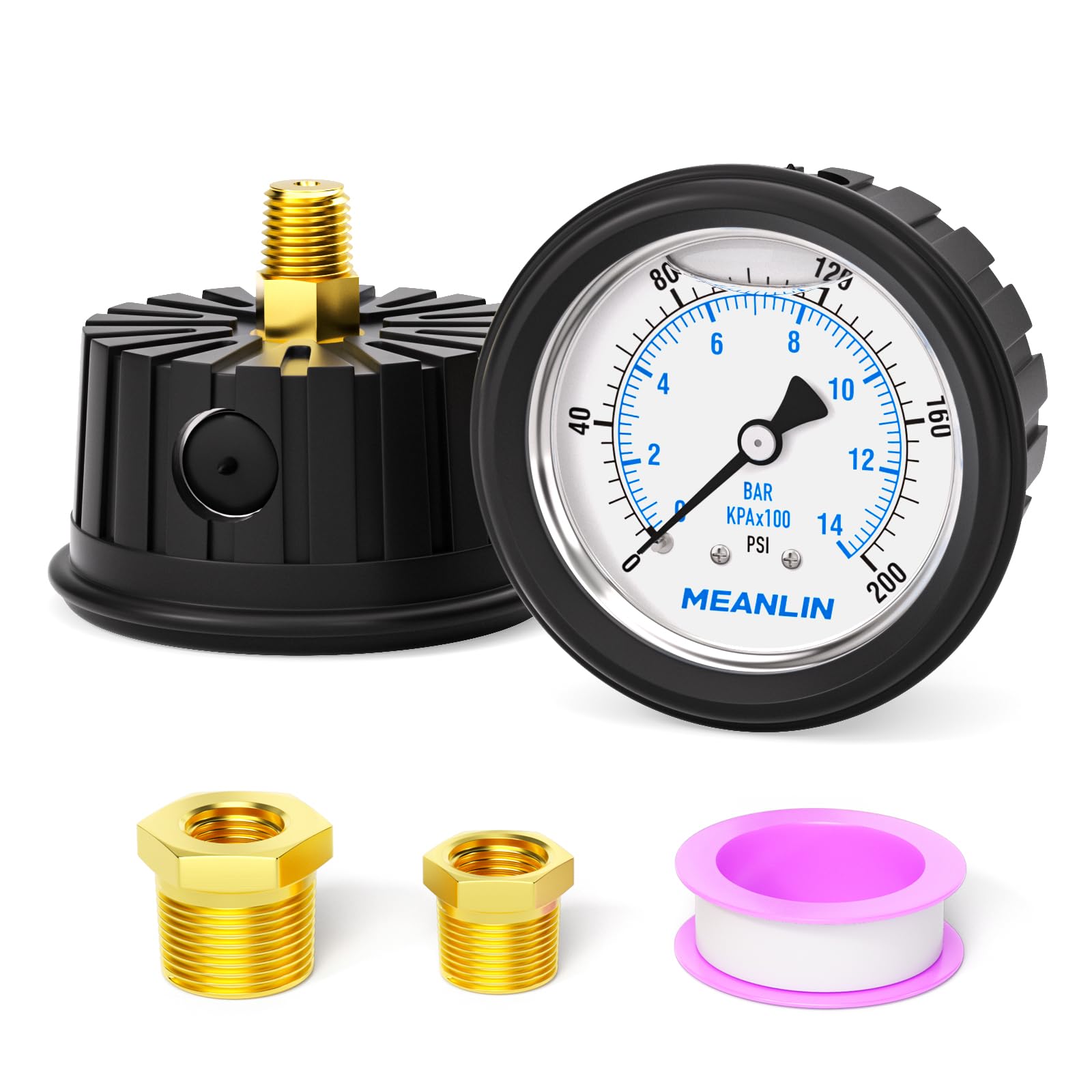 MEANLIN MEASURE 0~200Psi Stainless Steel 1/4" NPT 2.5" FACE DIAL,Liquid Filled Pressure Gauge, Center Back Mount (with Rubber Protective Sleeve), with