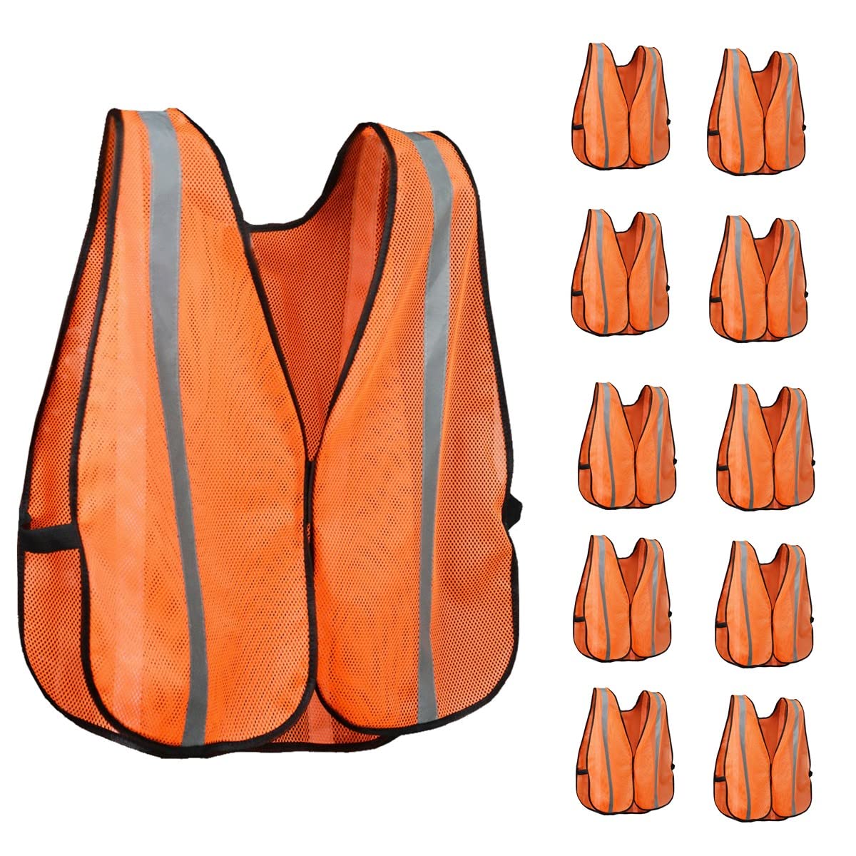 KAYGO Reflective High Visibility Safety Vest, KG0008-10 Silver Stripe, for Men and Women, Pack of 10 (Orange)