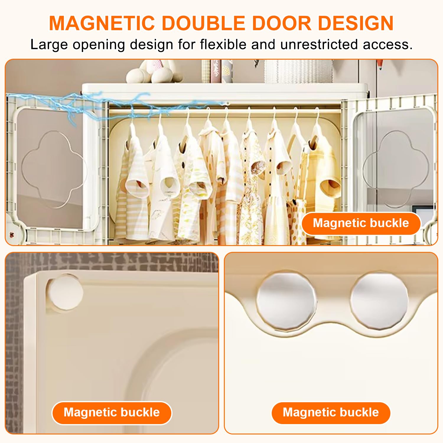 Armadio per vestiti, Sistema di Bloccaggio a Clip, ruote, Beige Chiaro (Ogni strato supporta 15 kg, Armadio a 2 scomparti da 75 cm, Guarda-Roba con 1 appendiabiti, 75 * 45 * 167 cm)