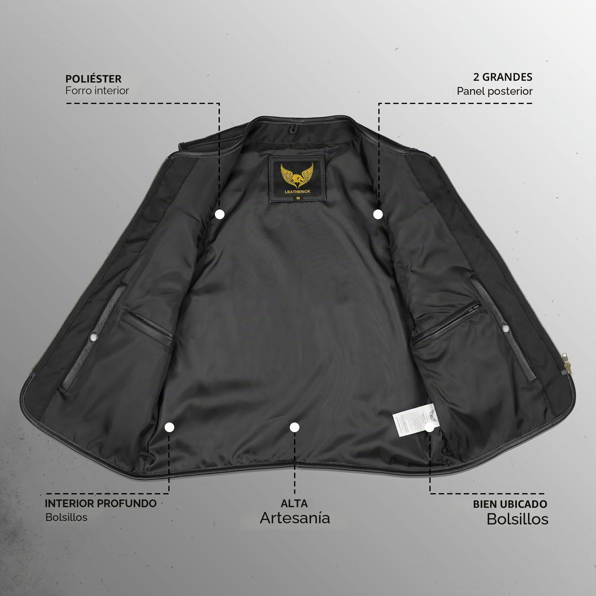 Leatherick Chaleco de motociclista de piel de vaca auténtica para hombre: chaleco clásico con cremallera frontal