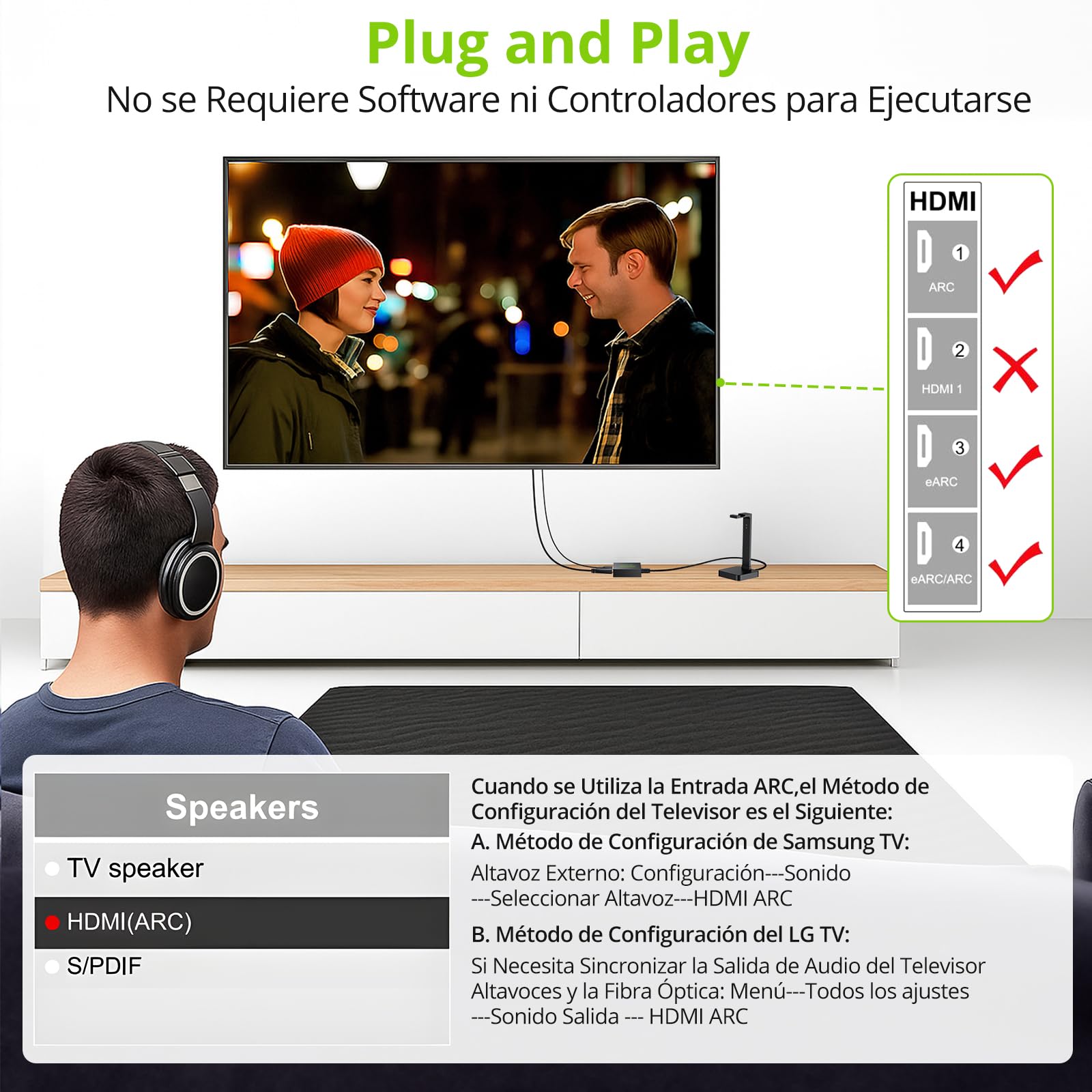 LiNKFOR Extractor de Audio HDMI eARC ARC,192Khz Convertidor HDMI a Óptico Toslink Compatible con PCM 2.0,Dolby 5.1 y DTS 5.1 para Sondbar y TV con Interfaz eARC ARC