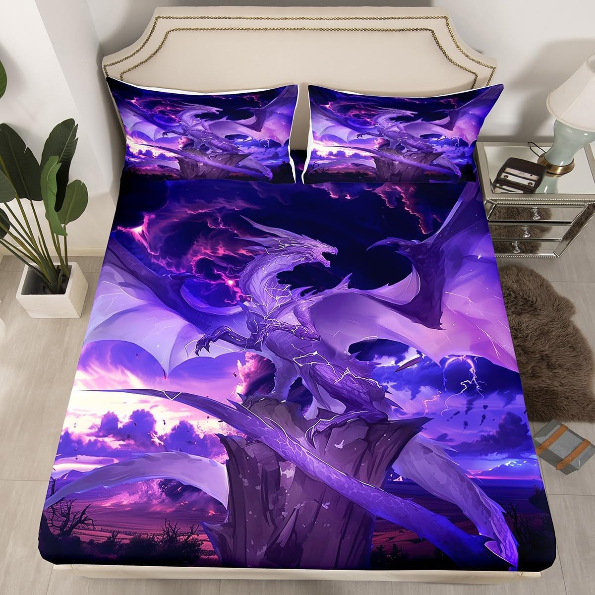 Manfei Purple Dragon Bed Sheet Queen Set,Gothic Flying Animal Wings Ancient Theme Sheets Sets Bedroom Decor,Mystic Lightning Sky Psychedelic Bedding Set with Flat,Fitted Sheet,2 Pillow Cases