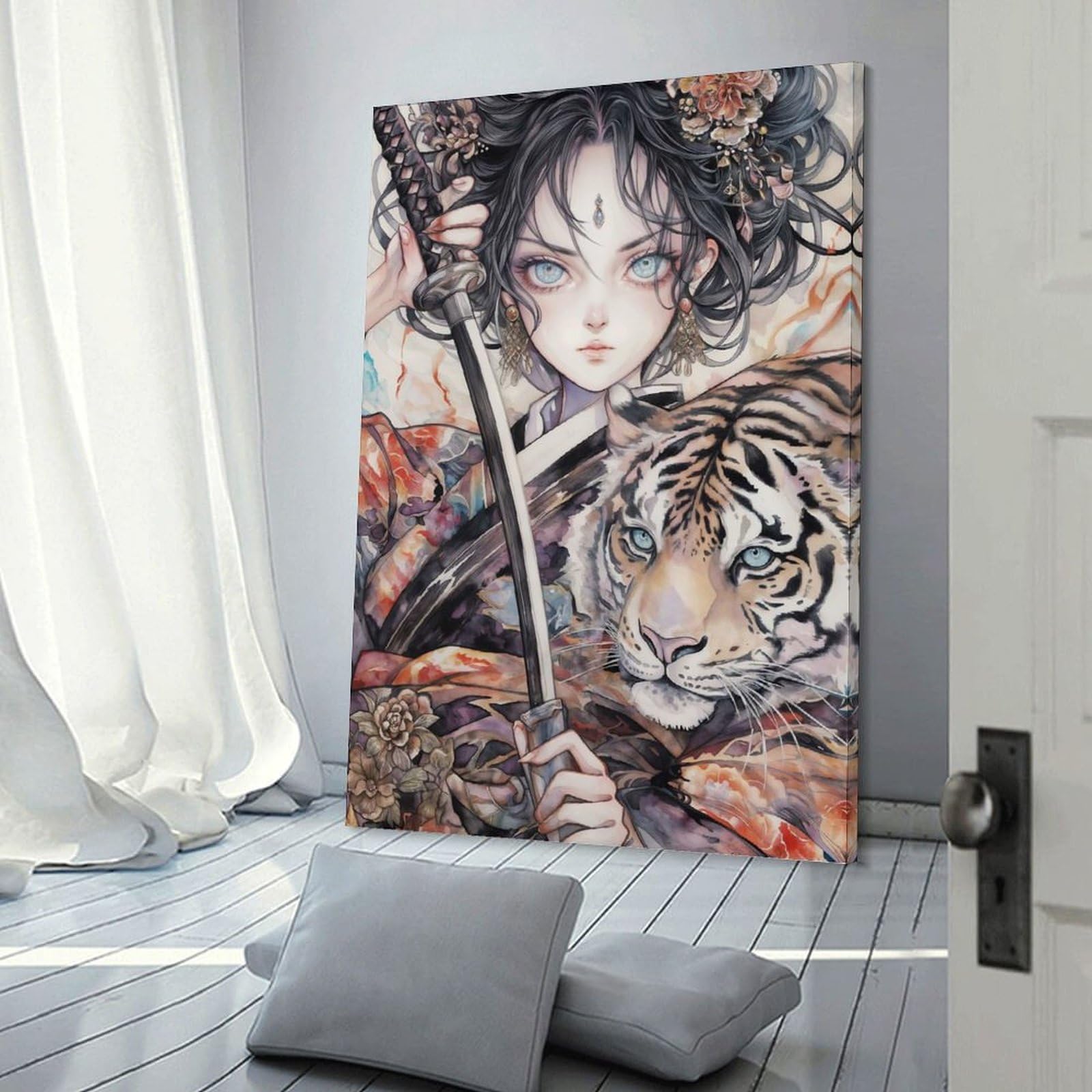 Junmoney Frame-Style-16 Wall Picture Print Tiger Geisha, 20X30inch(50X75cm), For Contemporary Homes, Apartments Or Offices, Decorative Canvas Decor For Home Updates