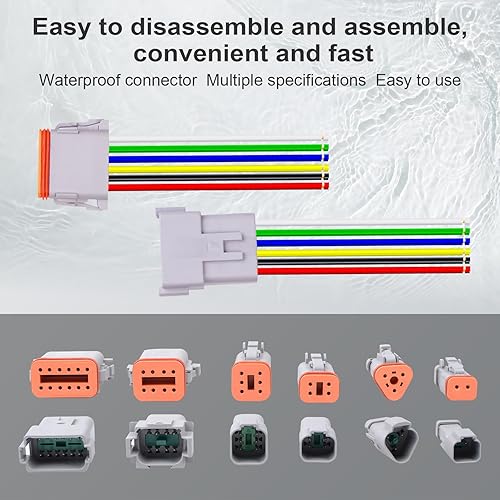 Miniatura 6 de Exqutoo 6Pack de conectores DT impermeables de 2 pines macho y hembra con cables de 16AWG 105 600V y tubos termorretráctiles, aplicables para