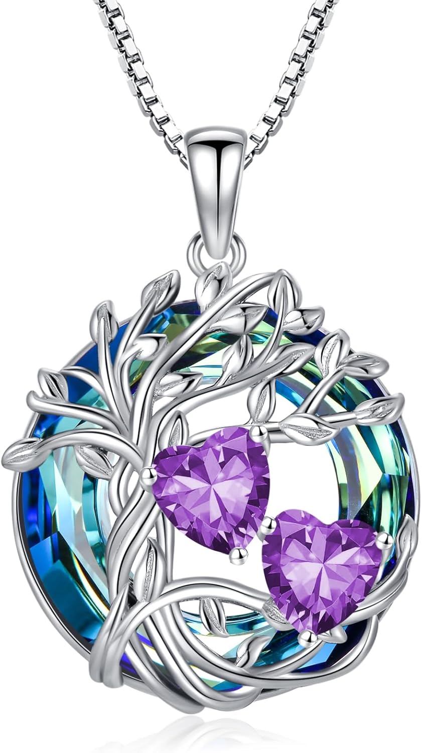 TOUPOP s925 Sterling Silver Family Celtic Tree of Life Pendant Necklaces with 2 Heart Birthstone with Blue Austrian Crystal Jewelry Birthday Valentines Day Gifts for Her, Anniversary Christmas Gifts for Wife Girlfriend Mom (18K Real White Gold Filled)