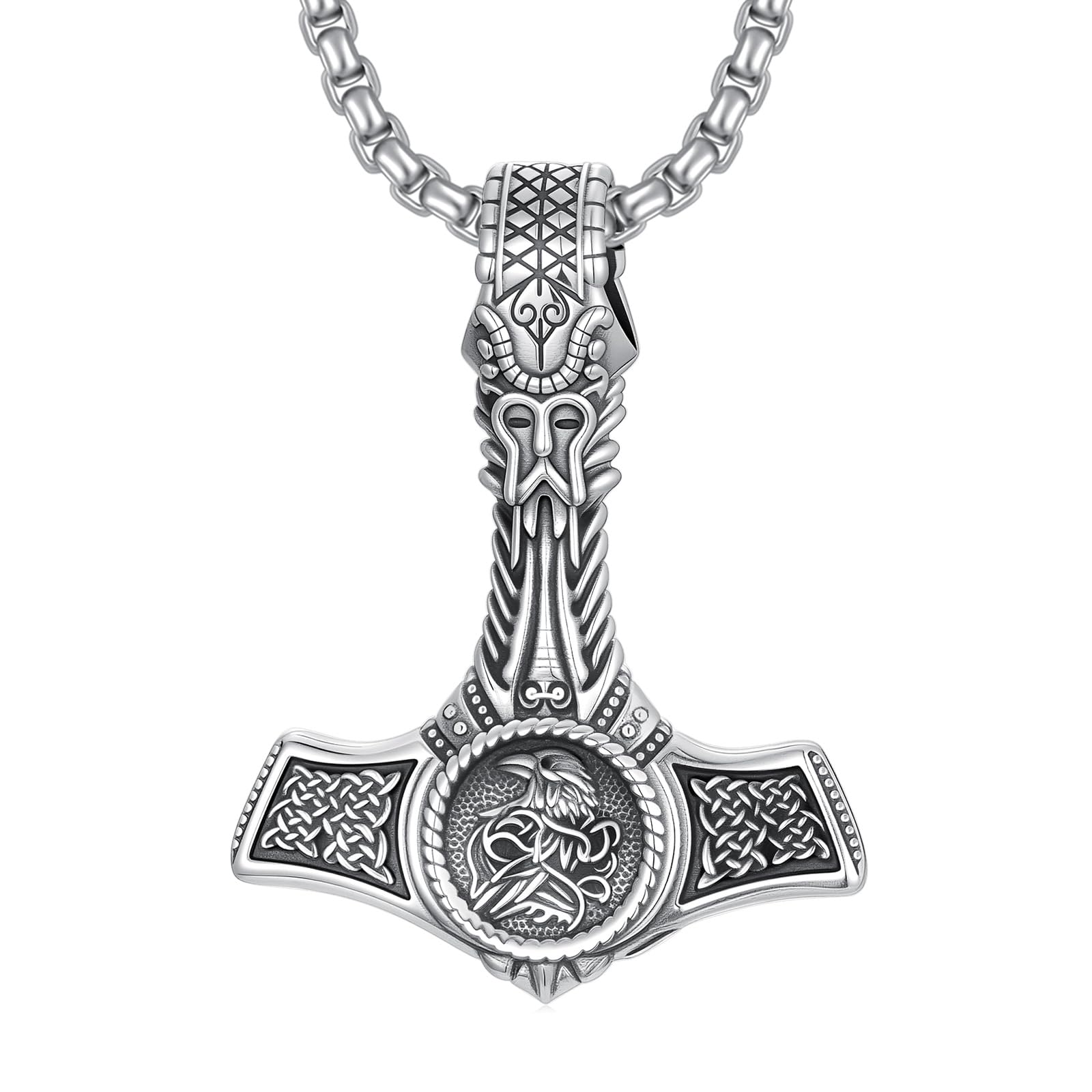 PROESS Thors Hammer Halskette 925 Sterling Silber Wikinger Rabe/Löwe/Wolf Anhänger Kette Keltischer Knoten Schmuck Mjolnir Geschenke für Damen und Herren