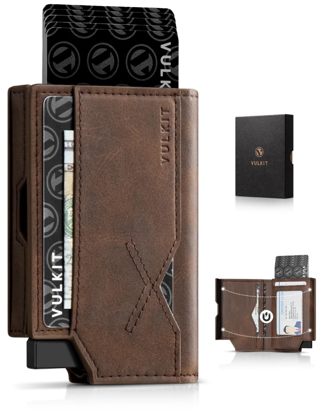 VULKIT Leather Minimalist Men's Wallet Pop Up Slim Front Pocket Credit Card Holder Wallet for Men Quick Card Access with ID Window, Brown