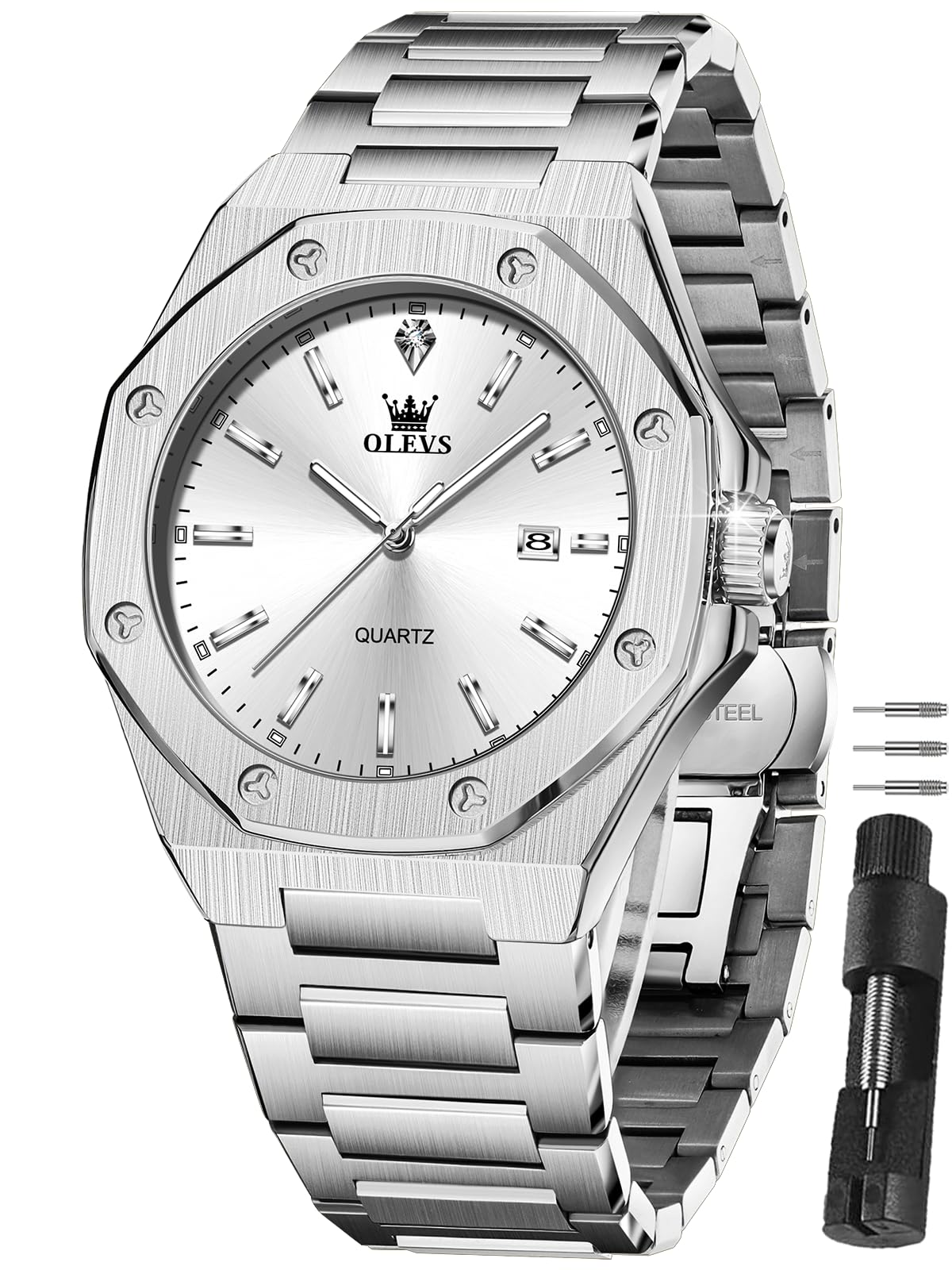 OLEVS Watches for Men Dress Large Dial Waterproof Stainless Steel Luxury | Men's Watch 42MM Large Face with Day Date Quartz Analog present for boyfriend