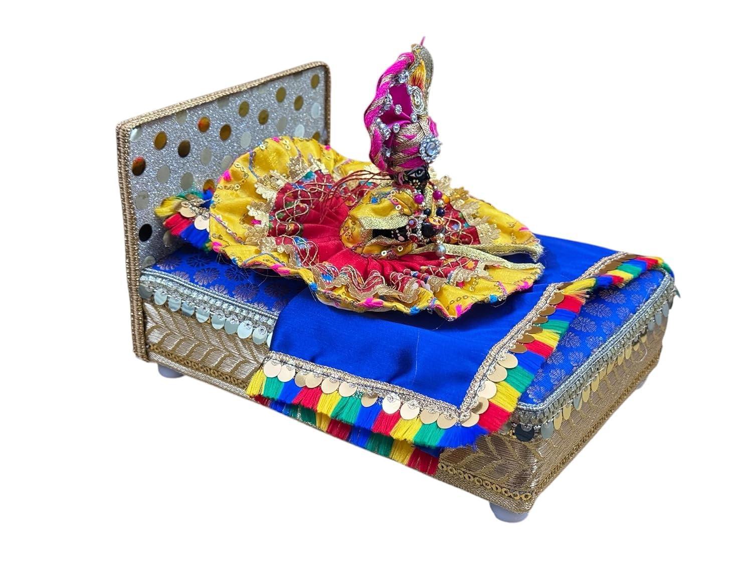 Laddu Gopal Ji Bister Set (0-5 No Size) β Super Soft Thakur Ji Bedding Set with Handcrafted Gaddi Bed, Aasan, Pillow, Cover Sheet & Satin Blanket/Kambal/Rajai for Kanha Ji Idol (Midnight Blue) 1