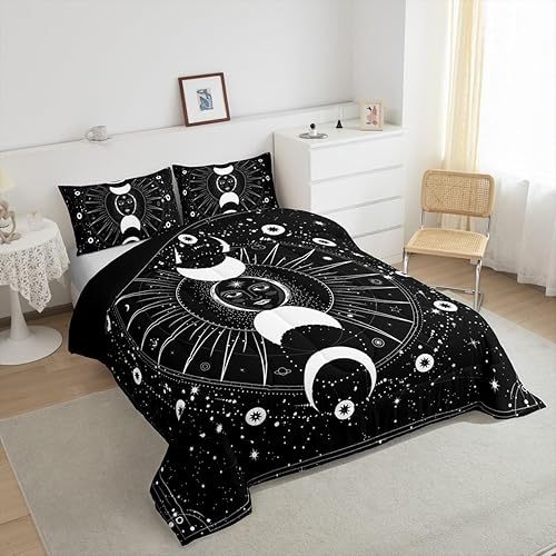 Miniatura 4 de Erosebridal Juego de edredón de sol y luna, tamaño Queen, juego de edredón psicodélico con estrellas y espacio, color negro, blanco, sol y luna,