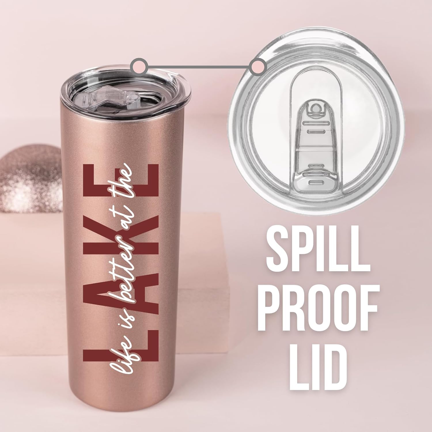 Onebttl Lake House Gifts for Women, 20oz Stainless Steel Insulated Tumbler, Housewarming Gifts for Lake Lovers - Rose Gold, Life is Better at the Lake 02 - Image 4