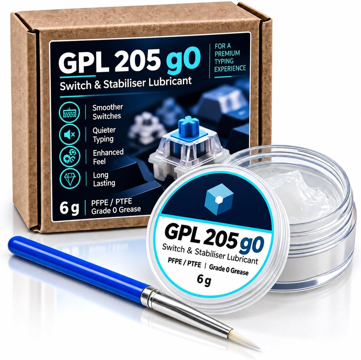GPL 205g0 Keyboard Lube (6g) - Mechanical Keyboard Switch & Stabiliser Lubricant, PFPE/PTFE Grade 0 Grease with Precision Applicator Brush
