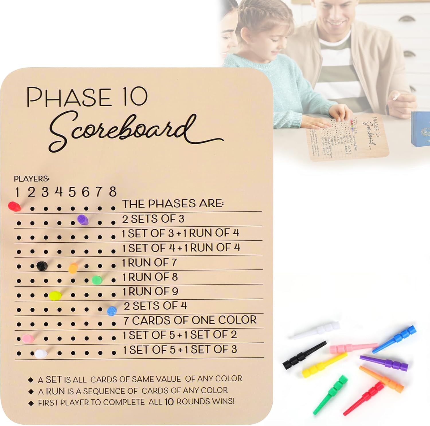 UptVin Phase 10 Card Game Score Board, Wooden Phase 10 Score Board Round Tracker Round Recorder with 9 Colored Pegs for Family Game Nights and Parties