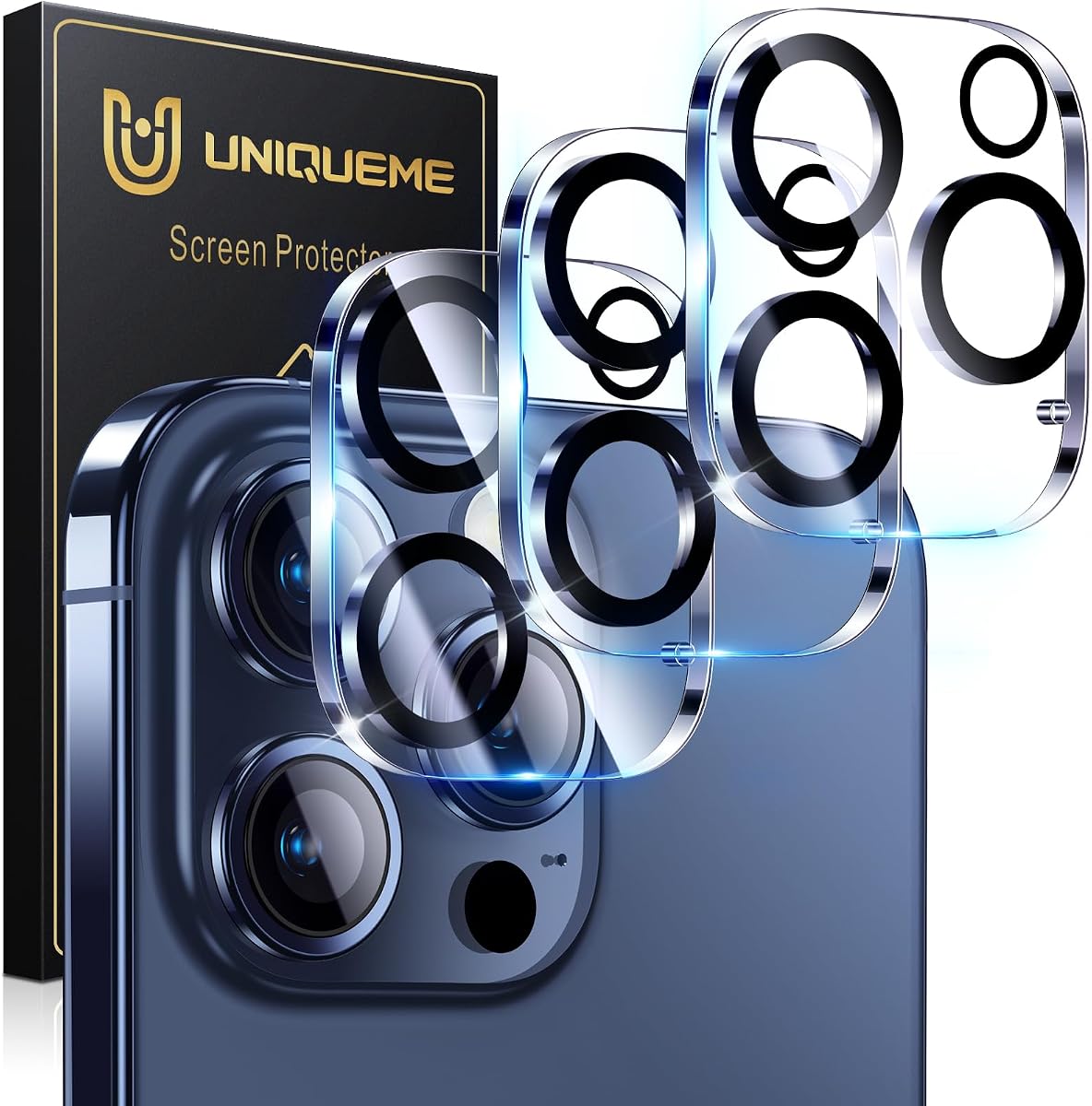 UniqueMe para paquete de 3 protectores de lente de cámara para iPhone 15 Pro/iPhone 15 Pro Max | Protección contra caídas, compatible con estuches, vidrio templado 9H, pantalla de cubierta de cámara, nueva versión