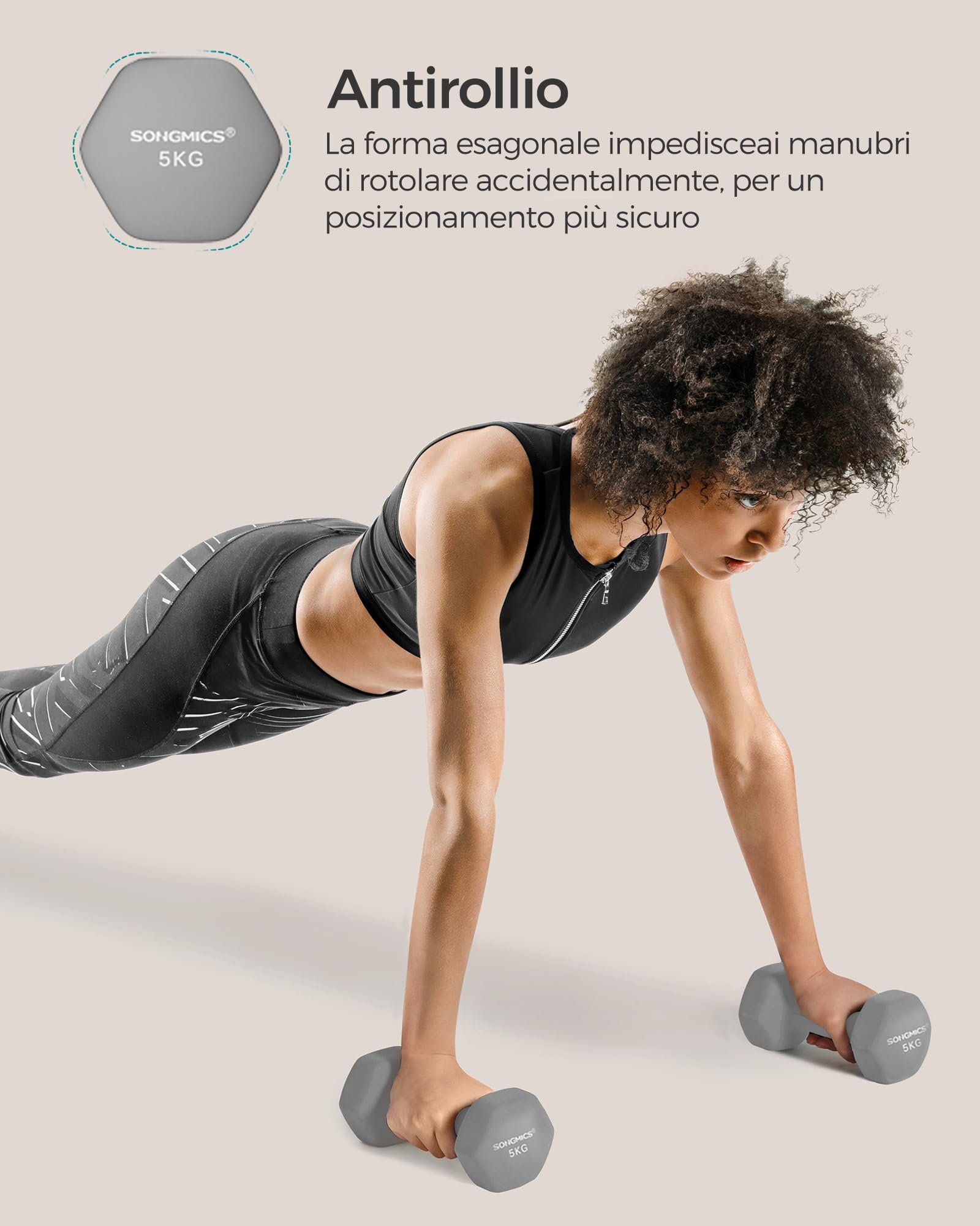 SONGMICS Set di 2 manubri, 2 x 5 kg, manubri corti, esagonali, rivestimento in neoprene, allenamento di forza, allenamento, fitness, casa, grigio tortora SYL910G01