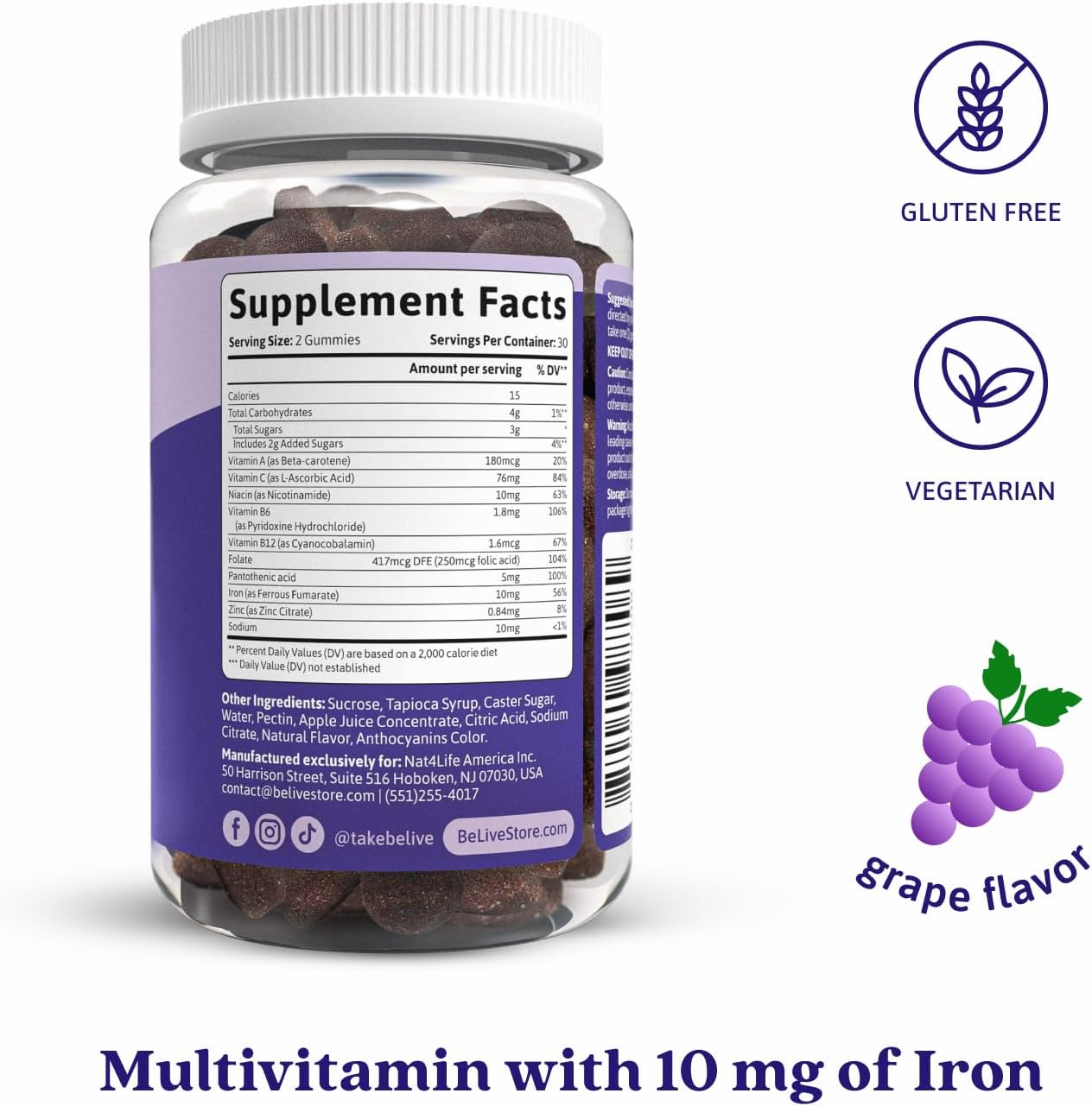 BeLive Iron Gummies - Multivitamin Iron Supplement with Vitamin C, A, B & Zinc, Supports Blood Oxygen, Vegan Supplements for Women, Men & Kids for Growth and Development - Grape Flavor | 3-Pack - Image 2