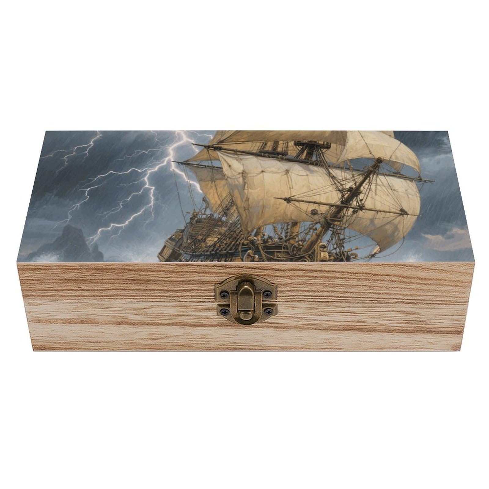 Oudrspo Ancient Sailing Ship in Storm Wooden Keepsake Box Decorative Memory Storage Box with Hinged Lid Small Jewelry Keepsake Boxes for Storing Gift Pictures Letters Time Capsule