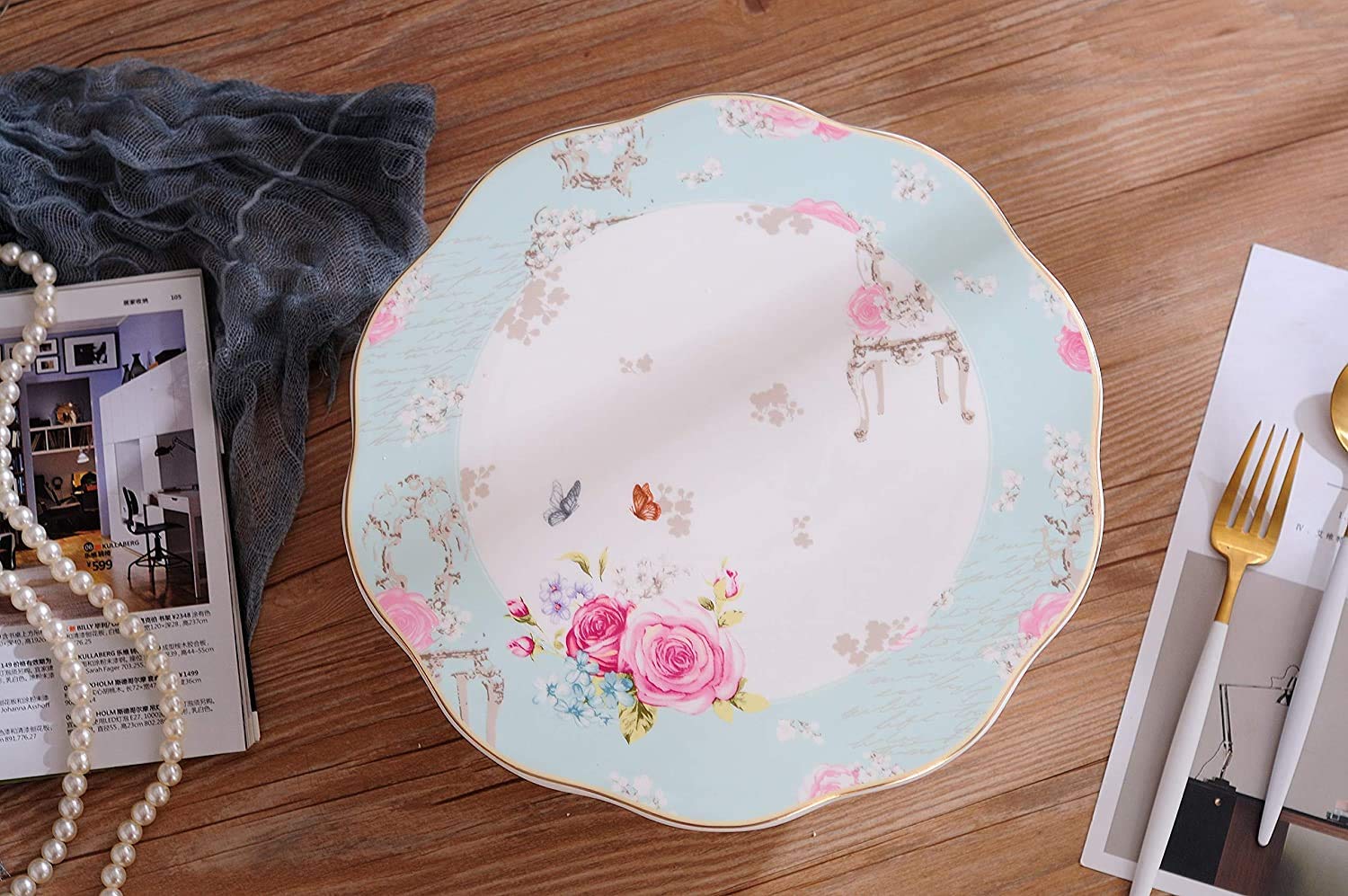 YBK Tech Strength Porcelain Elegant Cake Display Stand Cupcake Stand With Acrylic Plastic Dome Lid-Rose And Butterflies Pattern (#1) : Buy Online At Best Price In KSA - Souq Is Now - View #7