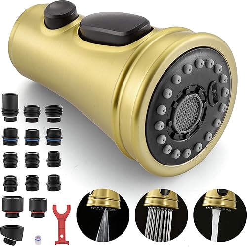 Vista 9 de Cabezal rociador de repuesto para grifo de cocina, con 15 adaptadores, rociador de grifo extraíble con boquilla de 3 funciones, bronce aceitado