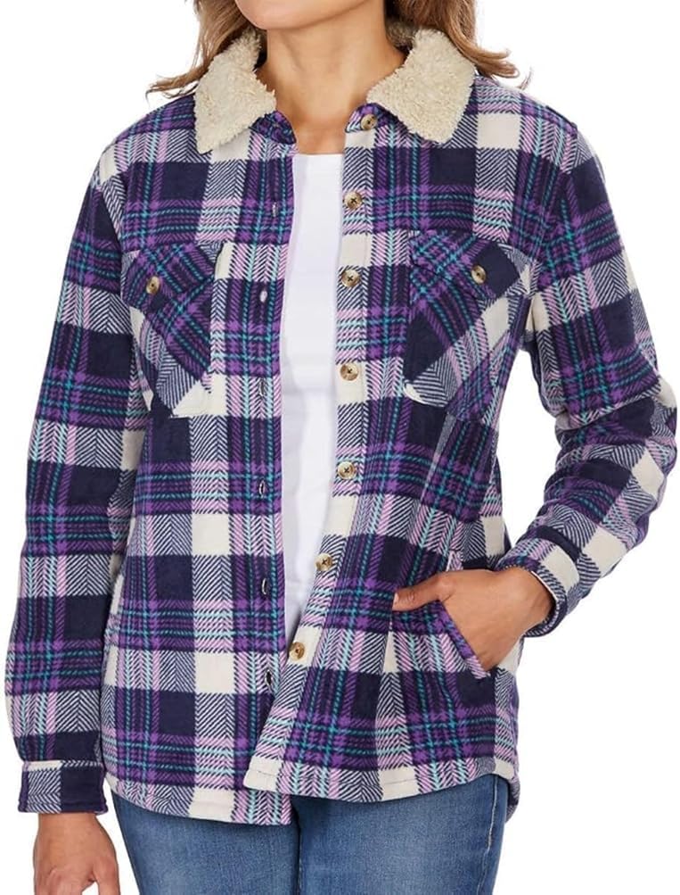 Women's Long Sleeve Plaid Fleece Jackets| Super Plush Sherpa Lined Shirt Jacket Tops with Pockets (Medium, Blue-Purple) L6