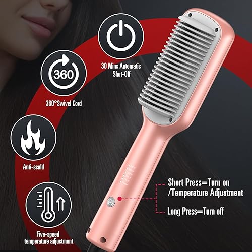 Miniatura 9 de SDLOGAL Cepillo alisador de pelo, cepillo alisador de pelo para mujer, con 5 temperaturas y calentamiento rápido, estilo de salón fácil y rápido,