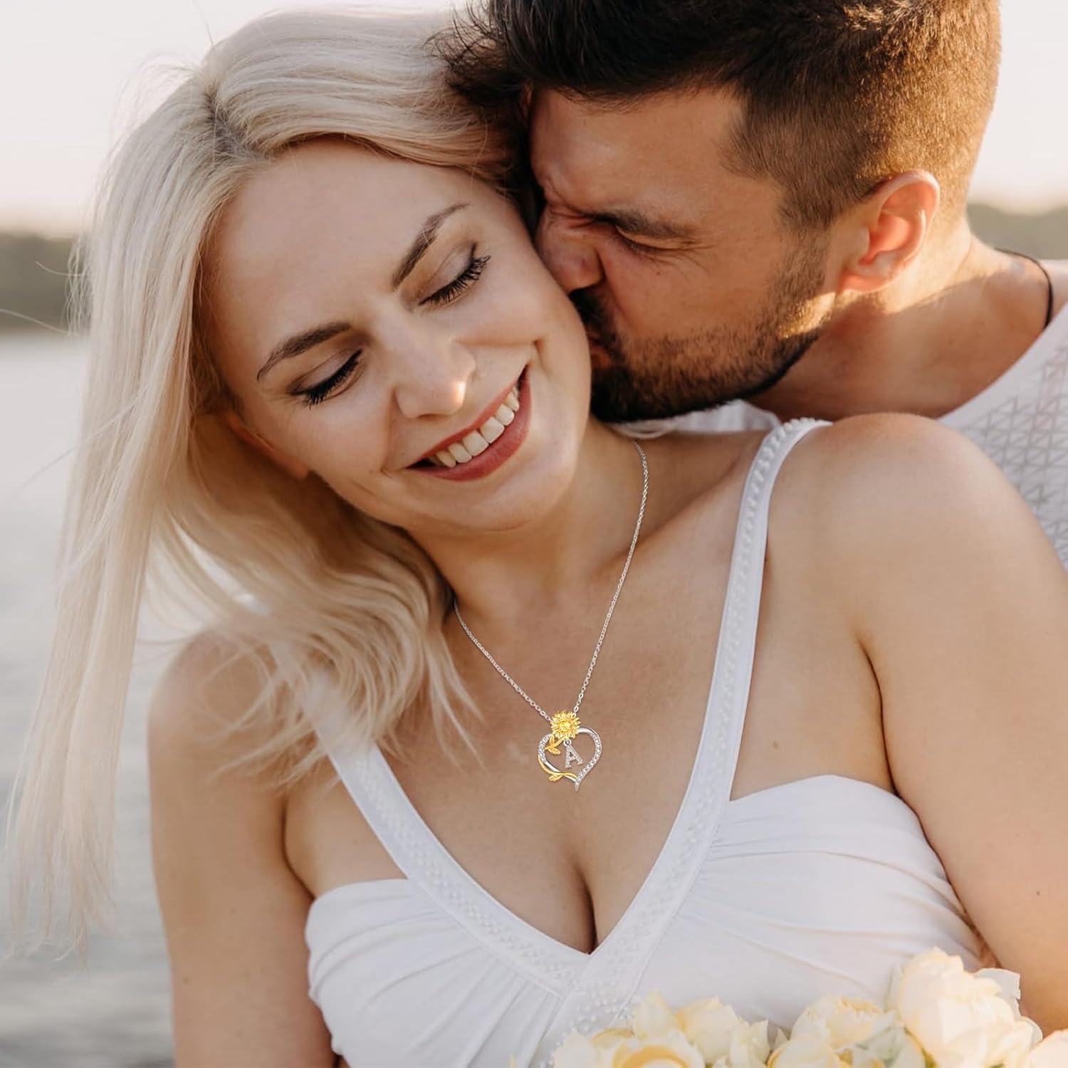 AENEAS Sunflower Initial Necklace for Women Gold Plated Sterling Silver Letter Heart Pendant Jewelry Gift for Mom Wife Birthday Anniversary Christmas - Image 3