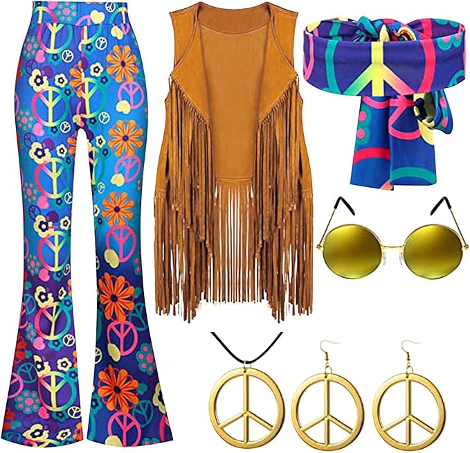 Hippie Accessoires 5er Set - Flower Power Kette, Brille & Stirnband Für 70er Jahre Look