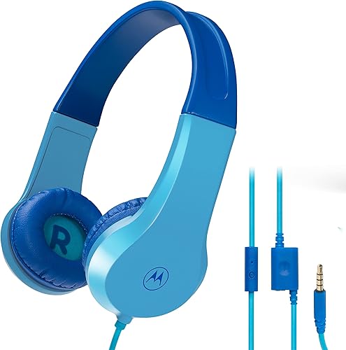 Motorola Sound JR200 - Auriculares para Niños con Cable - Limitación de volumen 85 dB con Divisor de Audio - Libre de BPA - A partir de 3 años - Azul