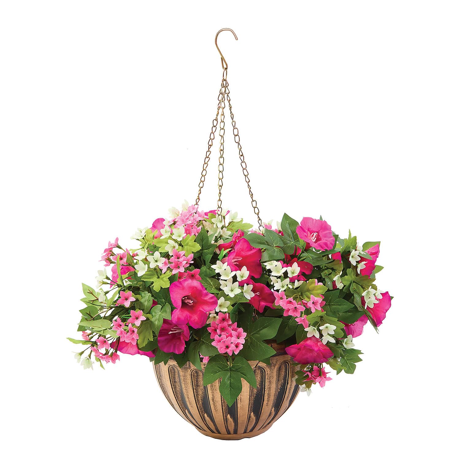 Coopers of Stortford - Faux Petunia Hanging Basket, Mixed Colours - Year-Round Blooms with No Watering, Weather-Resistant Bronze-Look Pot