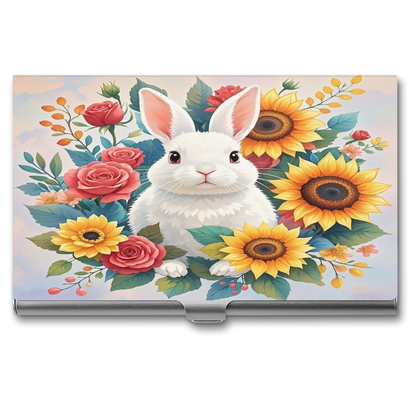 FekiLoot Watercolor Rabbit And Flowers Business Card Holder Aluminum Alloy Business Card Case Convenient to Carry Business Card Dispenser for Men Women