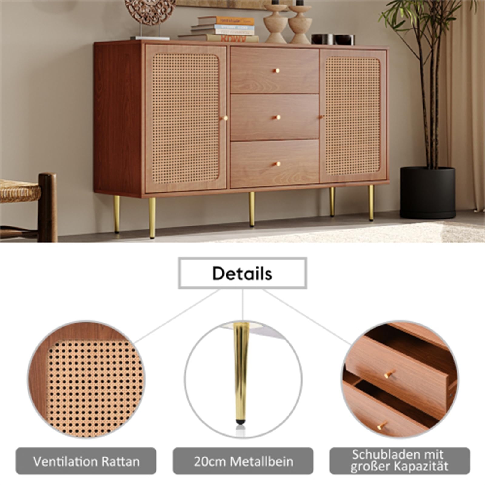 Mobile da ingresso alla moda retrò, mobile ausiliario in legno di rattan con 2 ante e 3 cassetti, ripiano regolabile con credenza con fibbia magnetica sulla porta, facile da montare