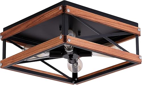Miniatura 7 de Lámpara de techo rústica de 4 luces de montaje empotrado de metal y madera cuadrada de montaje empotrado para pasillo, dormitorio, cocina, entrada,
