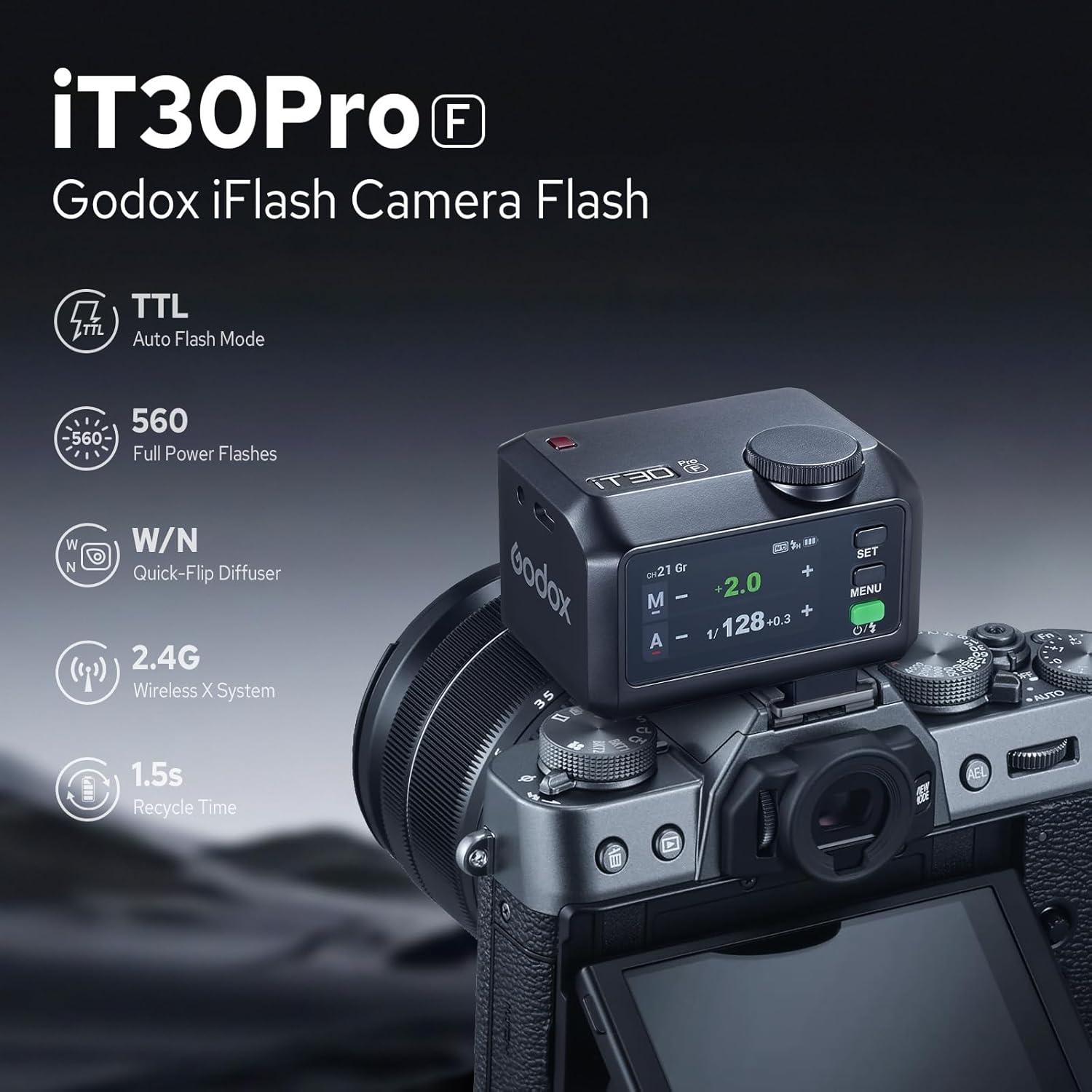 Godox iT30Pro F iT30Pro-F Flash for Fuji, 2.4G Mini Fujifilm Flash HSS 1/8000s, 560 Full Power Flashes, TTL Auto-Exposure, 2.8" Full-Color Touchscreen, Built-in Diffuser and Lithium Battery(Black)