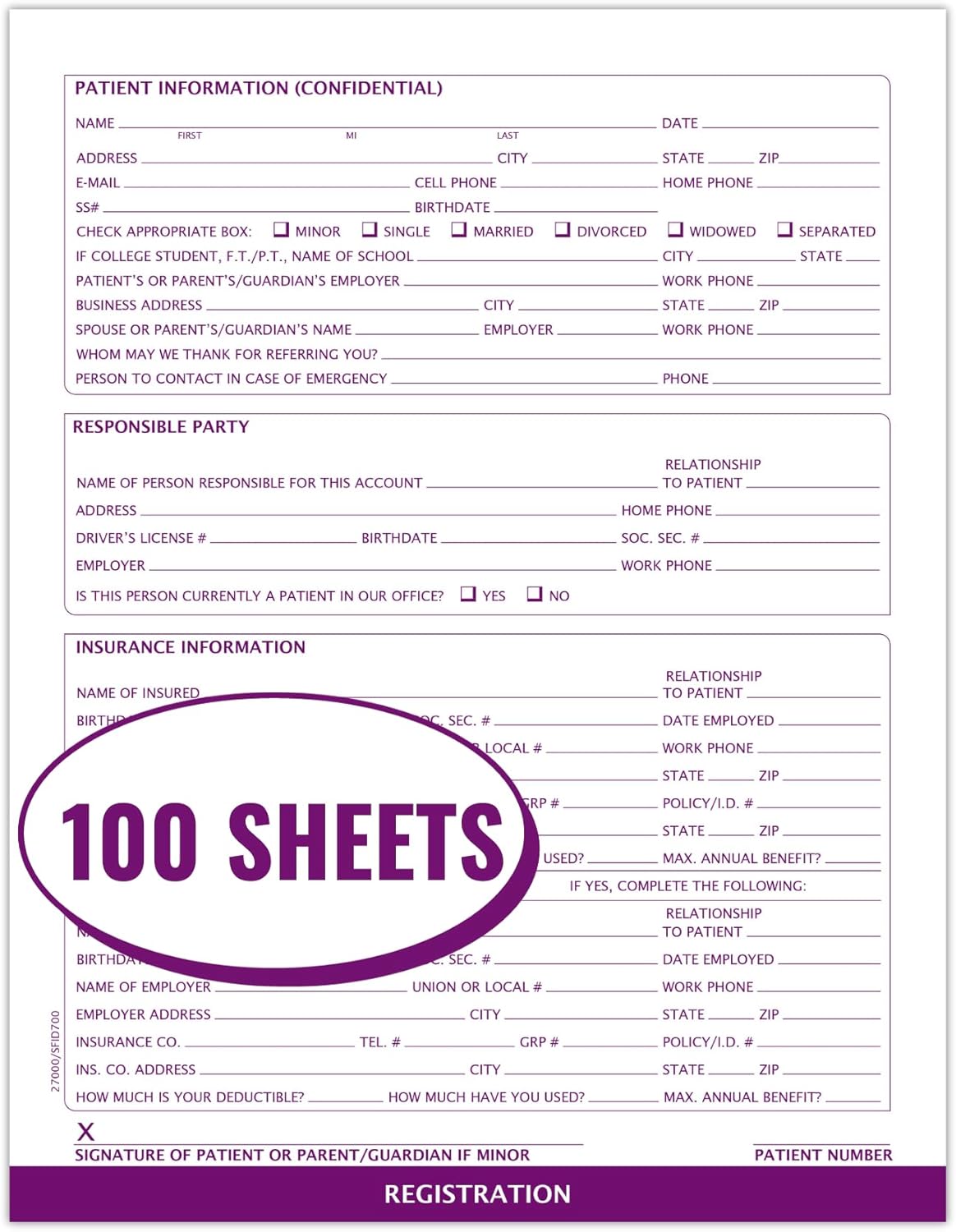 Medical and Dental Patient Registration Forms, 8-1/2" x 11" Letter Size, Intake Forms, Doctor Stuff, Dark Purple, Pack of 100 Sheets, Perfect for Dental and Physician Offices, No Holes