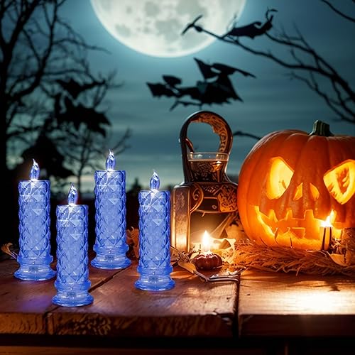 Miniatura 6 de Velas LED, paquete de 4 velas a pilas con halo de luz de rosa, velas románticas sin llama para decoraciones de San Valentín y Halloween (azul, 2.5