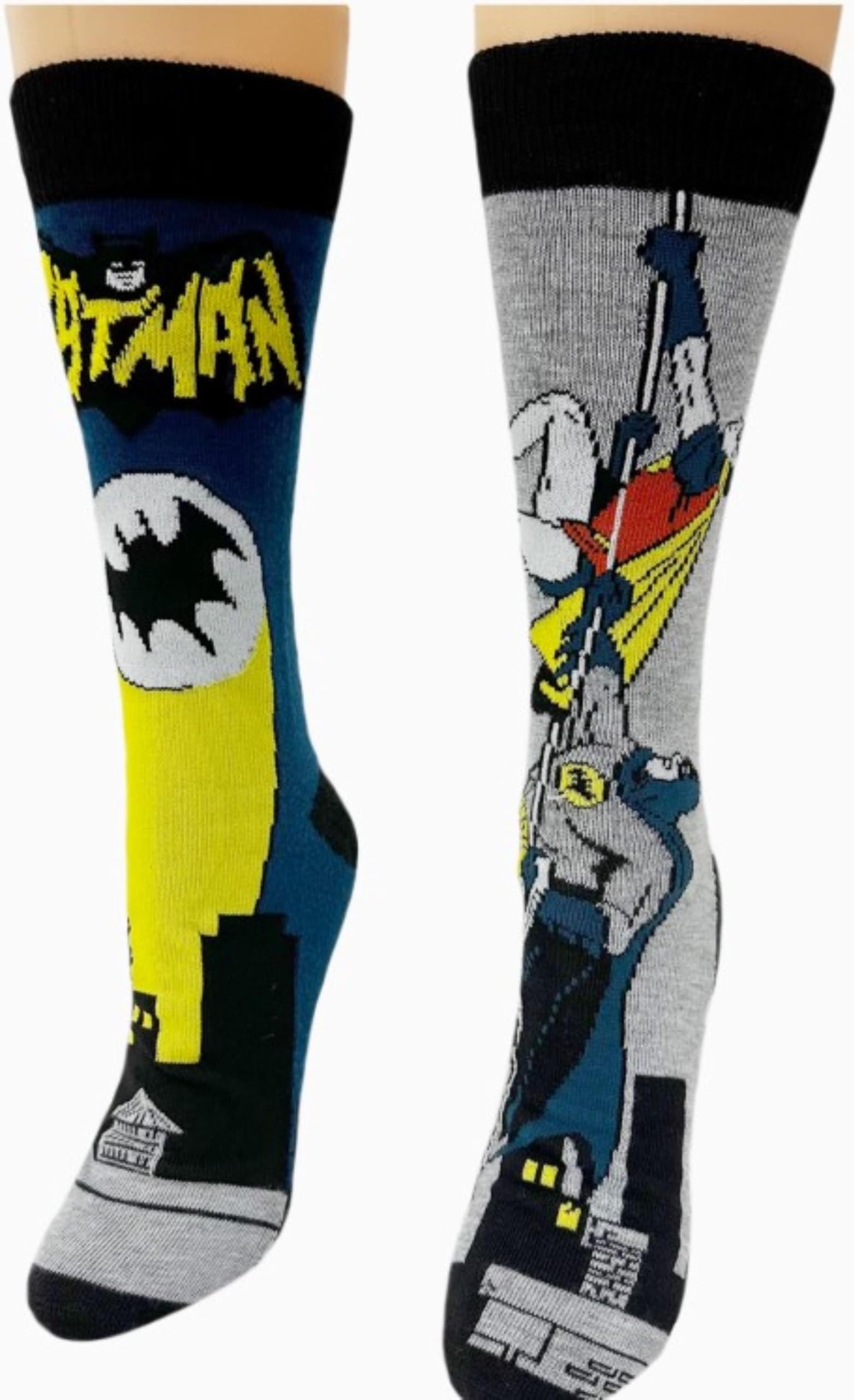 Warner Bros 1966 Batman Classic TV Series 2 pack Men's Dress Crew Socks. 2 pair – The Bat Signal over Gotham City & Batman and Robin Climbing the Side of a Building- Men’s Shoe Size 6-12 (TG11506)