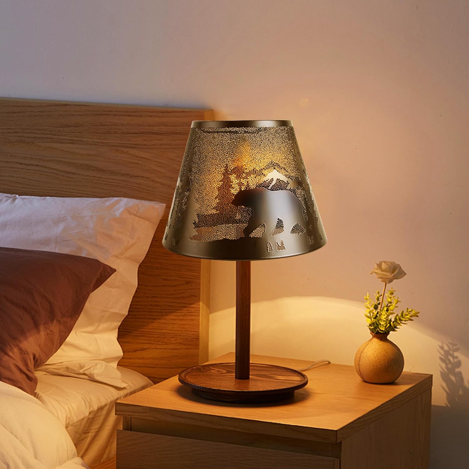 Bear Lamp Shade - Black Metal Lamp Shade 10 Inch, Rustic Farmhouse Drum Shade with Forest Pattern, Fits Table & Floor Lamps 6x10x7.5 Spider
