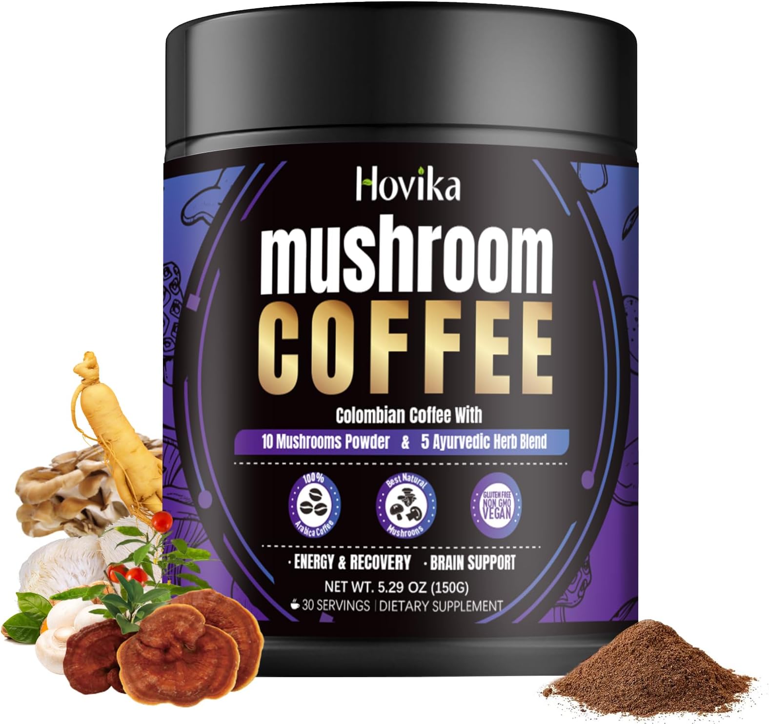 Organic Mushroom Colombian Instant Coffe: (28 Servings) with 10 Superfood Mushrooms with 5 Ayurvedic Herb, Great Tasting - Mushroom Coffee Alternative for Energy, Mental Clarity & Focus 5.29 Oz