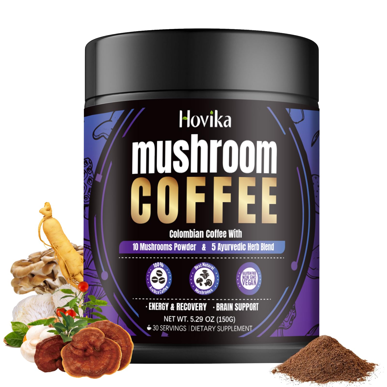 Organic Mushroom Colombian Instant Coffe: (28 Servings) with 10 Superfood Mushrooms with 5 Ayurvedic Herb, Great Tasting - Mushroom Coffee Alternative for Energy, Mental Clarity & Focus 5.29 Oz