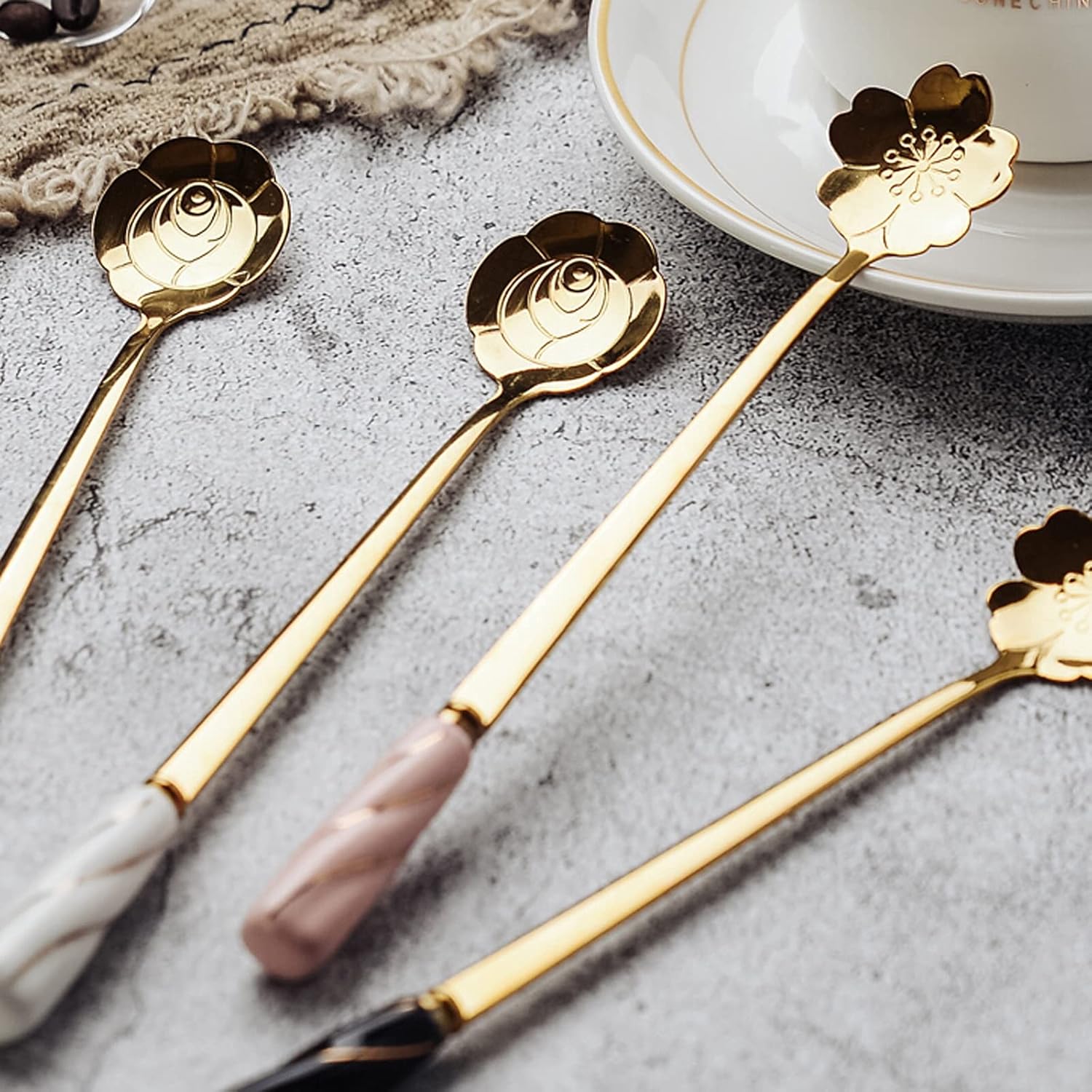 Spoon Table Spoons Stainless Steel Dessert Spoon Flower-Shaped Spoon with Ceramic Handle Creative Ice Cream Dessert Spoon for Tableware Kitchen (A)